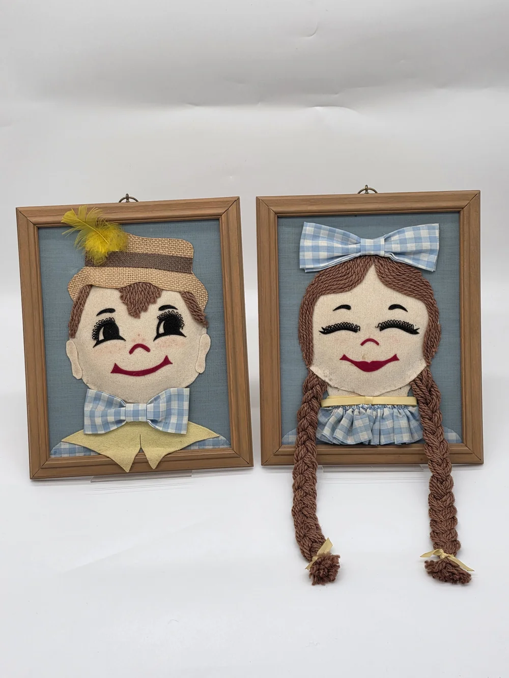 Handmade Kids Wall Art Pair – Blue Check Boy & Girl Faces